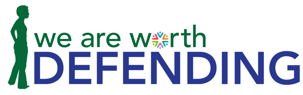 We Are Worth Defending logo with green and blue lettering, alongside a silhouette of a confident Black woman ready for self-defense.